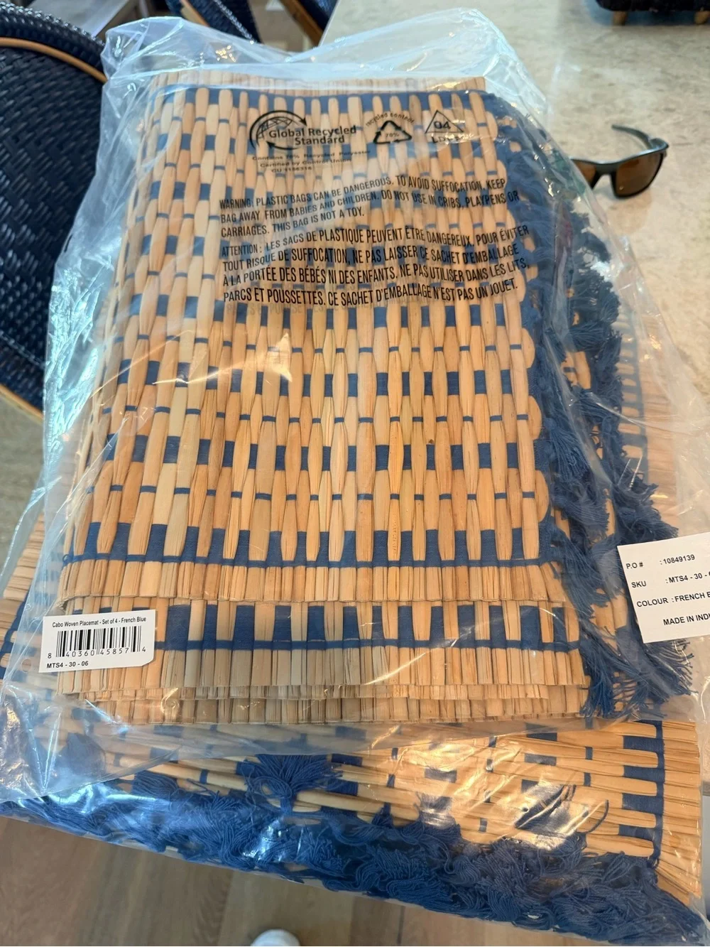 Serena & Lily Cabo Tan Rattan Placemat with Blue Fringe set of 8